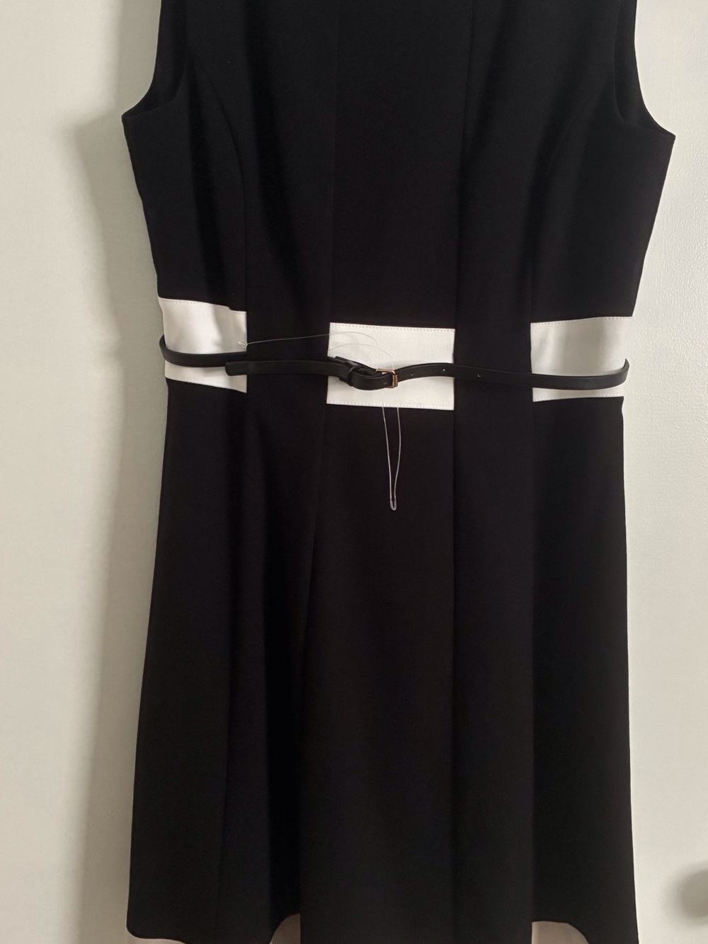 Calvin Klein Black Dress with White Waist Accent and Slim Black Belt